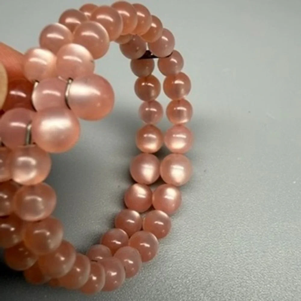 Vintage Moonglow Bracelet Pastel Pink Lucite Bead Double Row Memory Wire  6.5